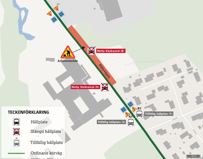 kartområde och markerade busshållplatser