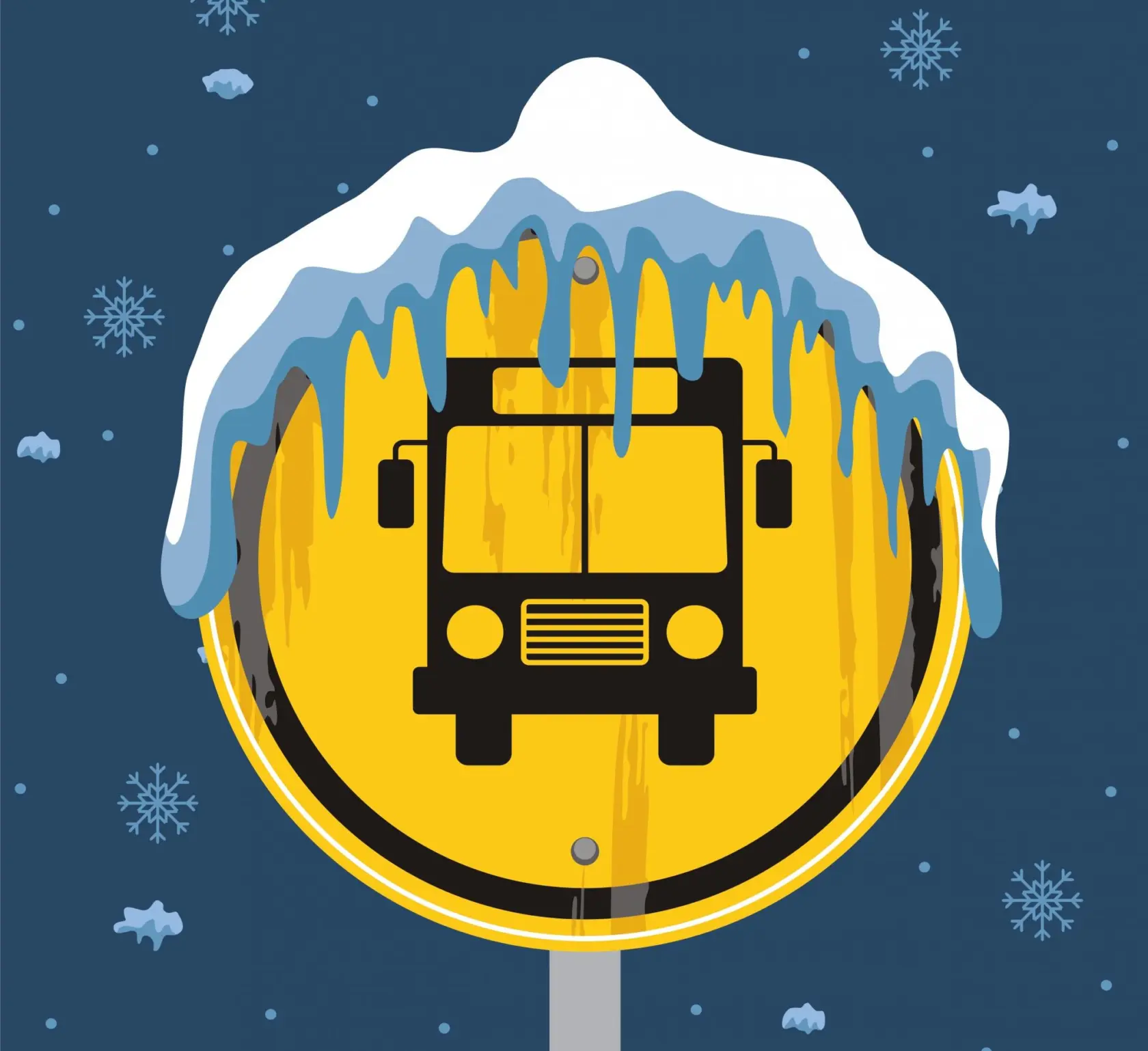 Gul skylt som visar en buss med snö på