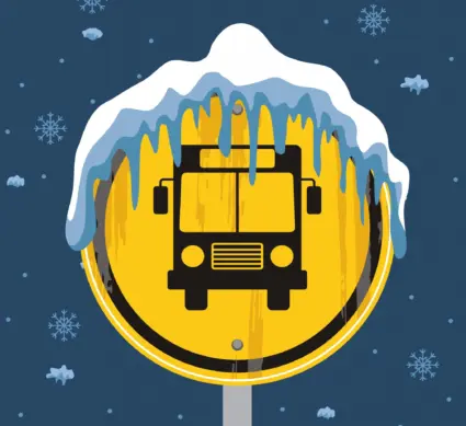 Gul skylt som visar en buss med snö på