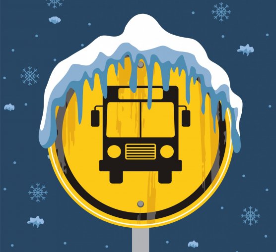 Gul skylt som visar en buss med snö på