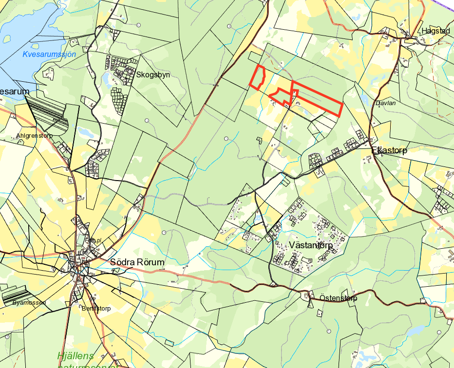Karta över bit av Hörby kommun där aktuell mark för arrende är utmarkerad