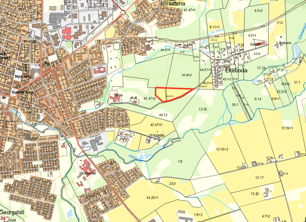 Kartvy över Hörby med område för aktuell arrende pekas ut