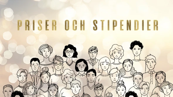 Tecknade ansikten mot en ljus bakgrund. Ovanför ansiktena står det "priser och stipendier" i guldig färg.