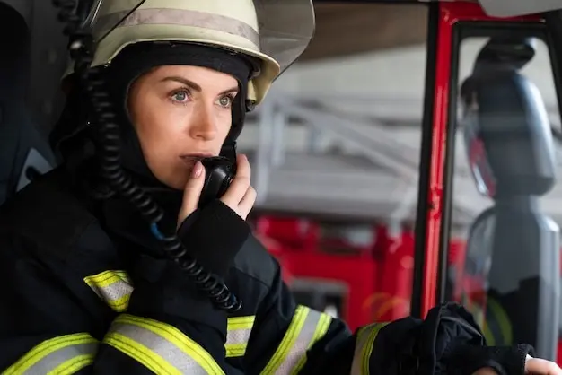 kvinnlig brandman pratar i kom- radio