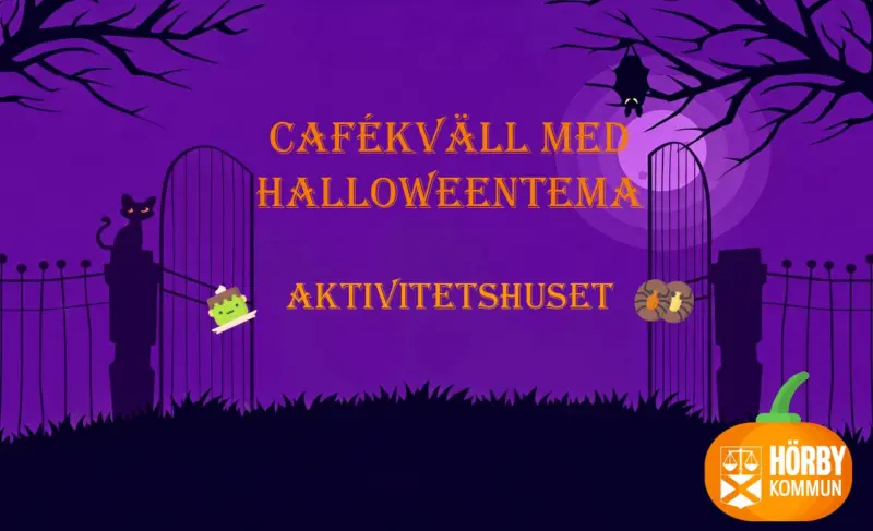 En lila bild med texten "Caf&eacute;kv&auml;ll med halloween tema" 