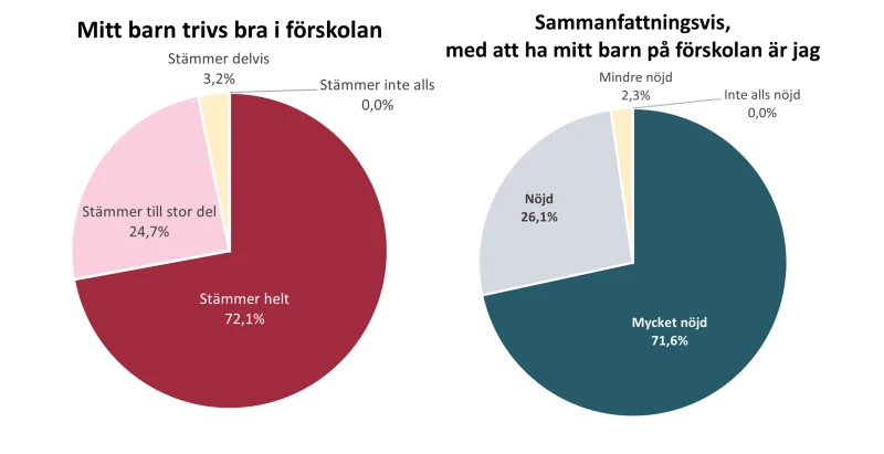 Två cirkeldiagram som fördelar svaren på respektive fråga.