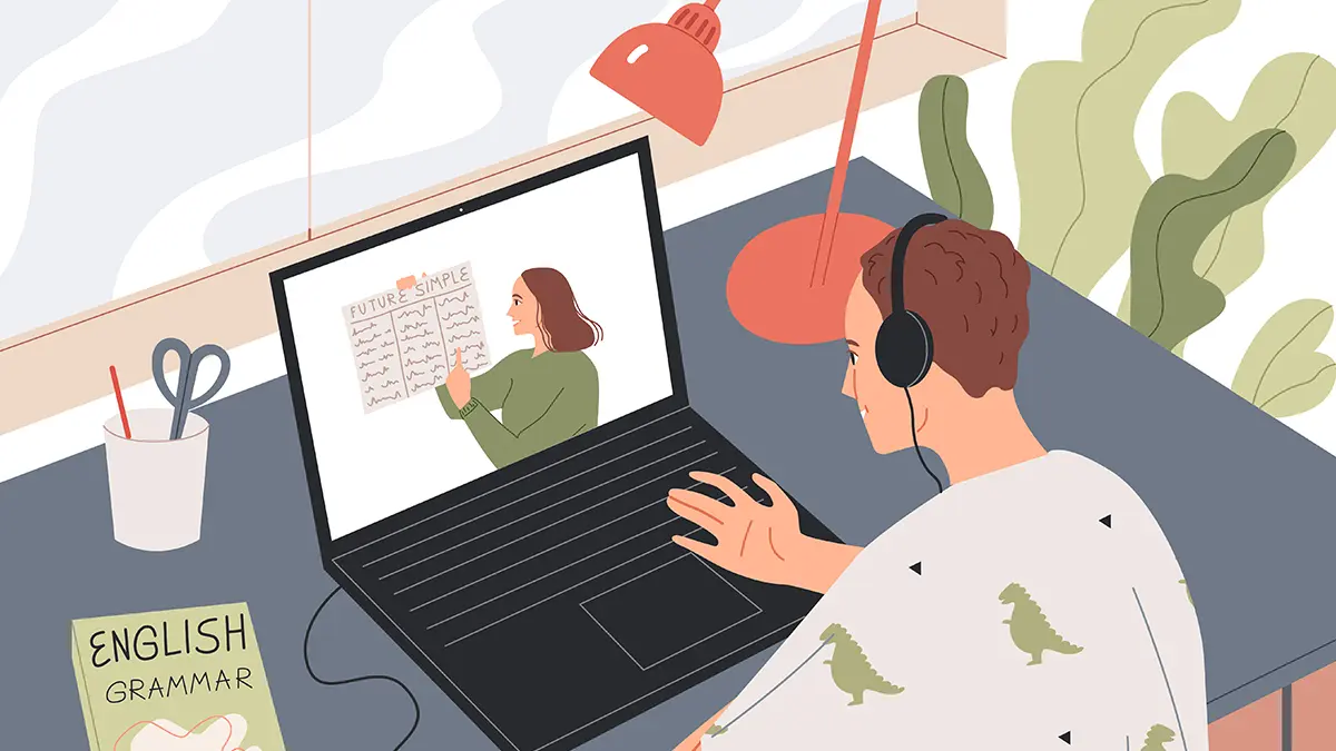 illustration av elev framför en dator