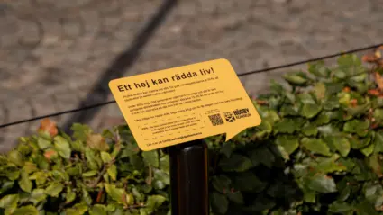 En skylt med information om projektet samt tillhörande QR-kod finns monterad mellan bänkarna