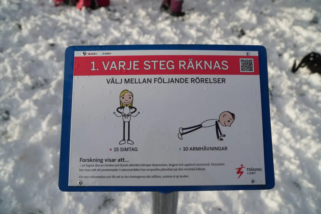 Aktivitetsskylt med olika rörelser illustrerade.