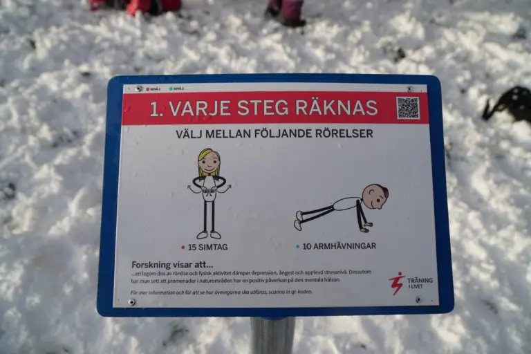 Aktivitetsskylt med olika rörelser illustrerade.
