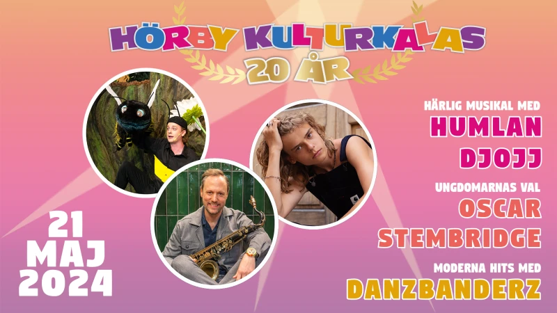 Reklamskylt för Hörby kulturkalas, bild på tre medverkande artister