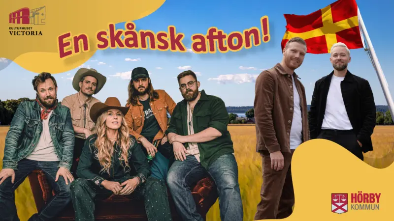 Montage med skånskt landskap med två urklipp av musikerband i förgrunden. I bakgrunden vajar en skånsk flagga