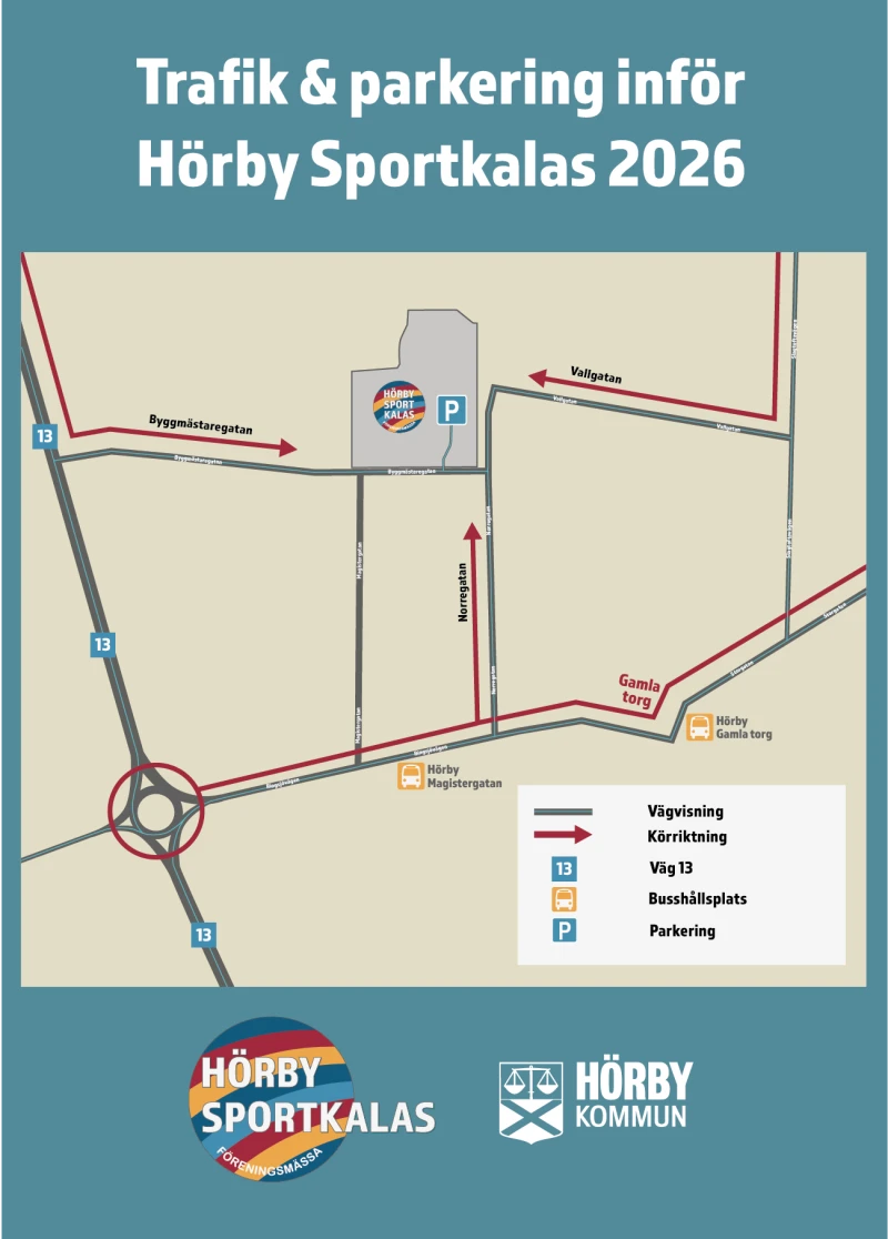 Karta över närområdet i Hörby med anvisningar över parkeringsplatser.