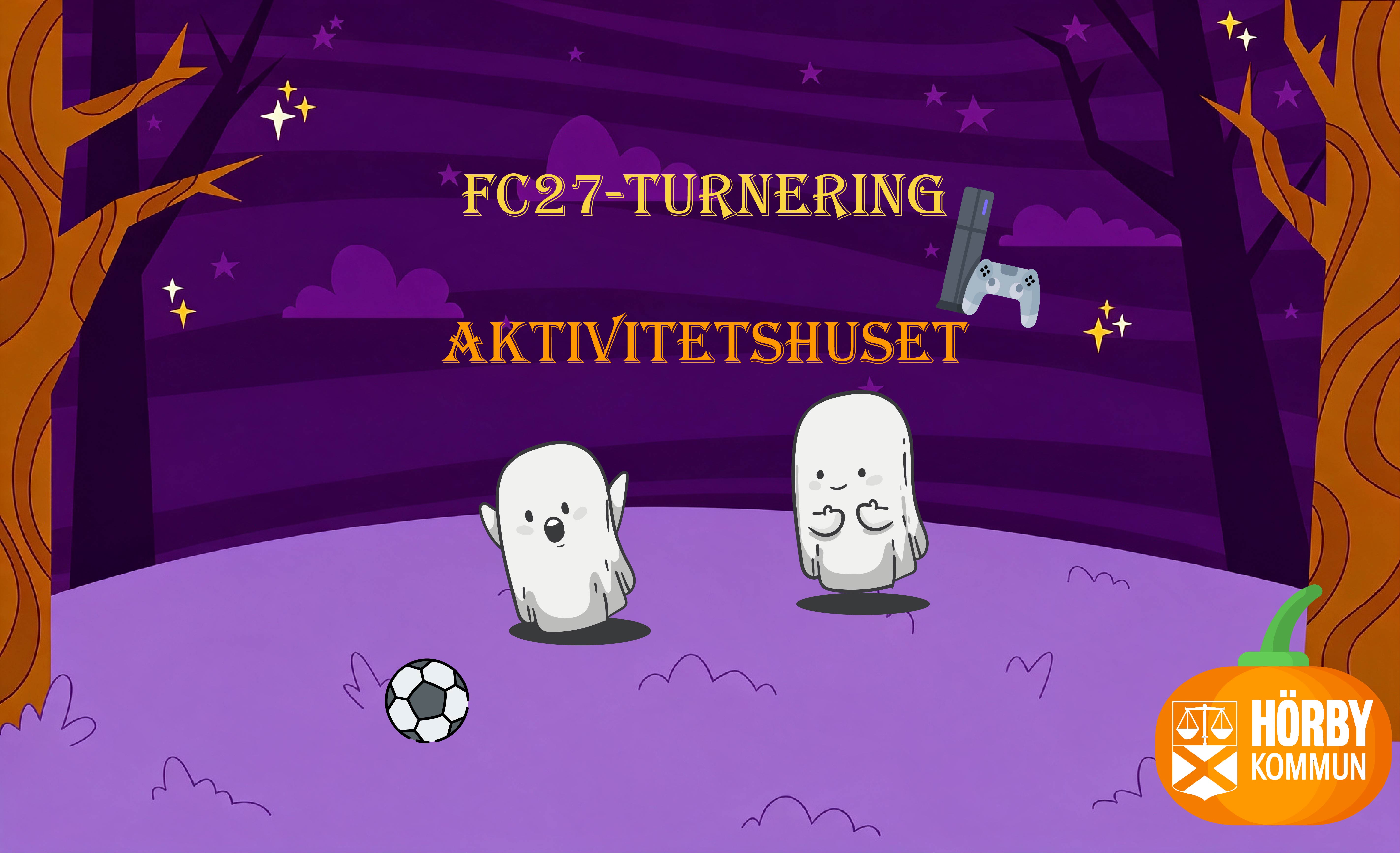 En lila bild p&aring; tv&aring; sp&ouml;ken som jagar en fotboll, p&aring; bilden st&aring;r texten "FC27- Turnering"