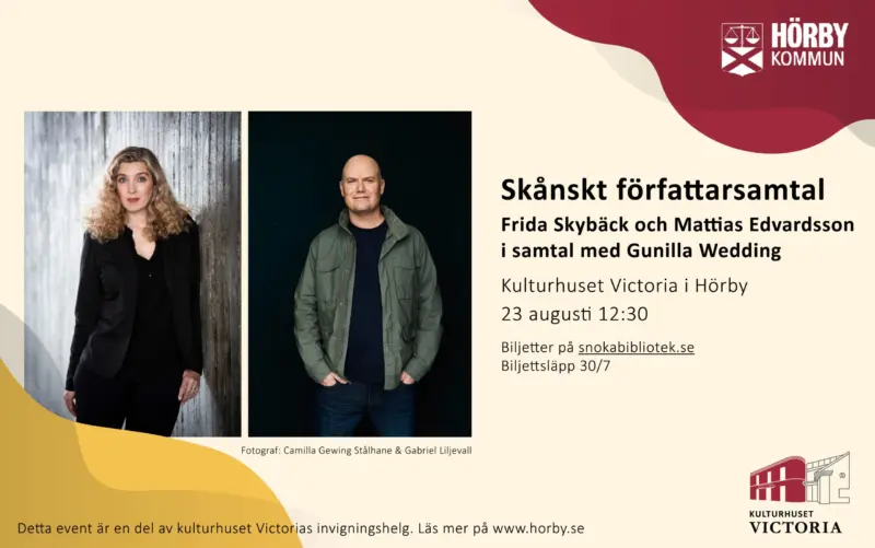 Affisch med två portättbilder föreställande en kvinna och en man, med tillhörande information