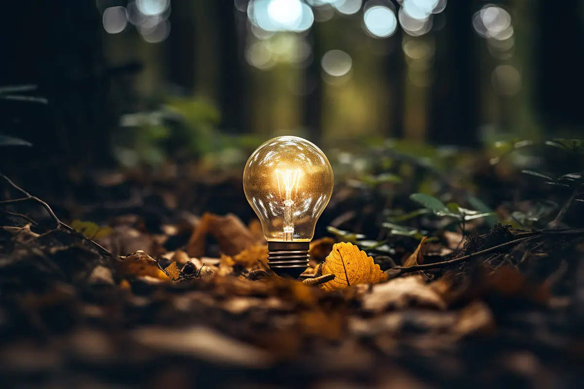Glödlampa lyser på marken i tät skog.