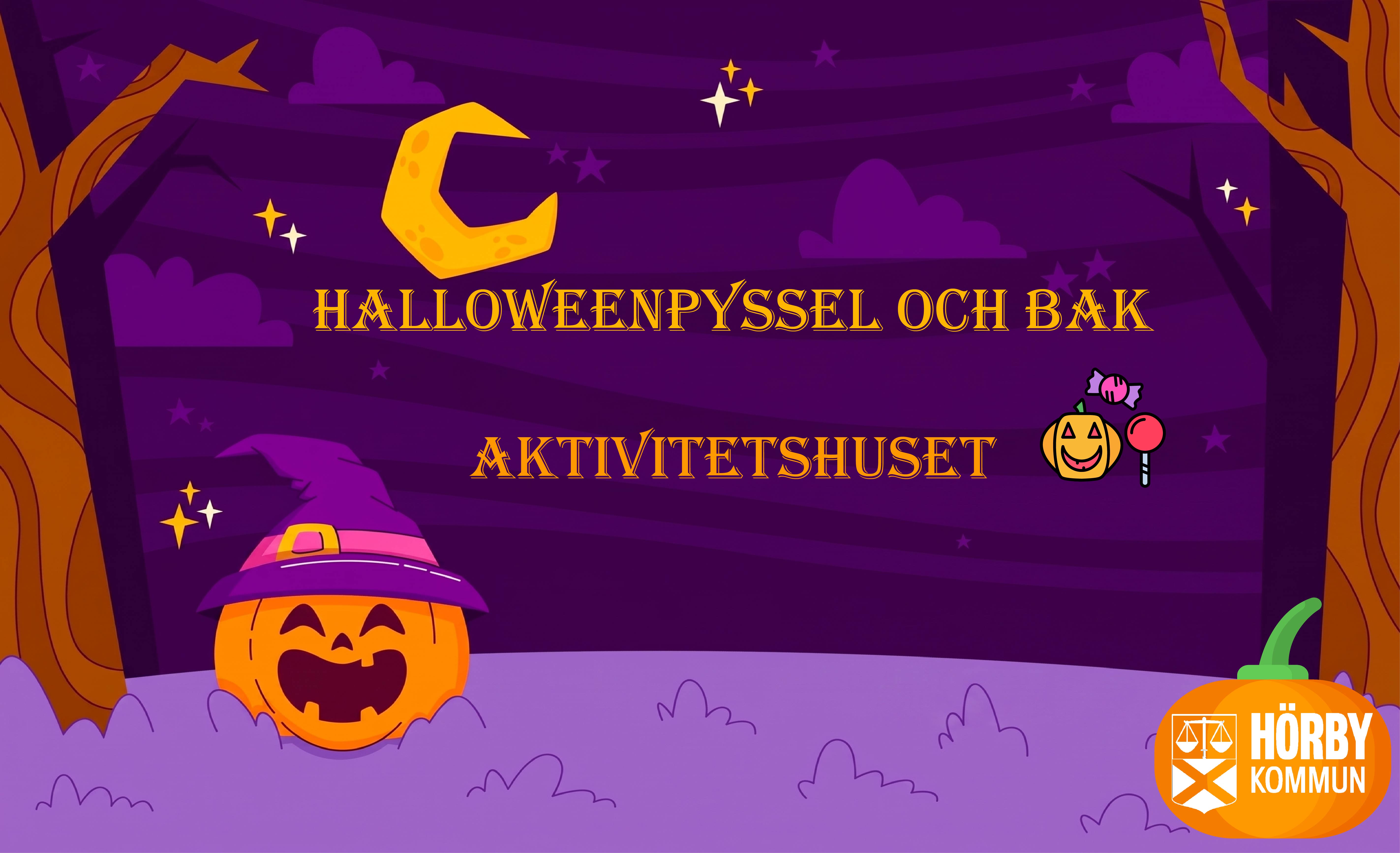 En lila bild med texten Halloweenpyssel och bak. D&auml;r &auml;r tv&aring; pumpor och en m&aring;ne.