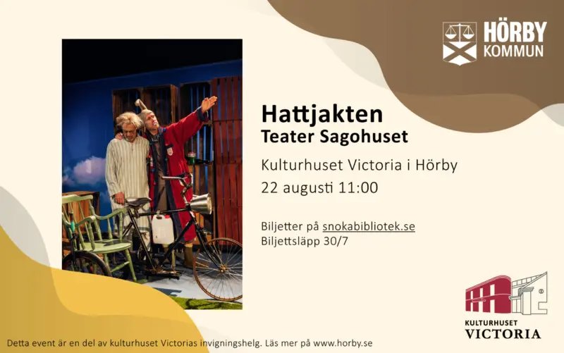Affisch med bild från Hattjakten (två män på scen) med tillhörande information