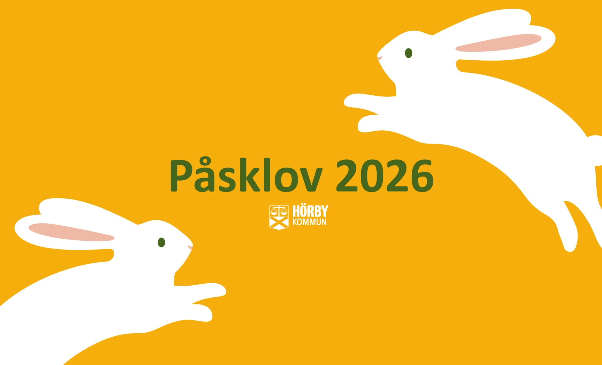 En gul bakgrund med vita kaniner. I mitten av bilden står det "Påsklov 2026" och under texten syns Hörby kommuns logotyp.