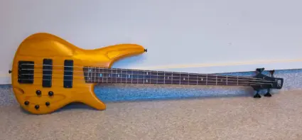 En träfärgad elbas ligger mot en vägg