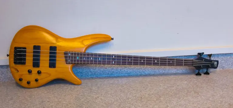 En träfärgad elbas ligger mot en vägg