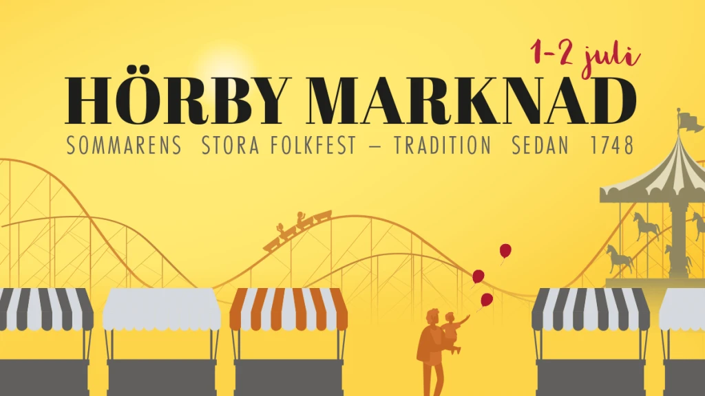 En illustrerad bild av ett tivoli med gul bakgrunden. Rubriken lyder "Hörby Marknad 1–2 juli"