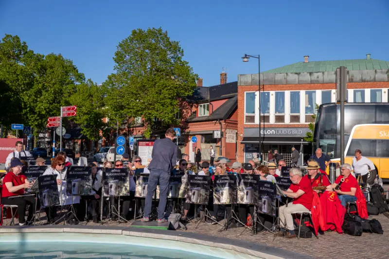 En orkester av olika bl&aring;sinstrument fotograferad framifr&aring;n p&aring; en solig dag. L&auml;ngst fram ser vi ryggtavlan av dirigenten.