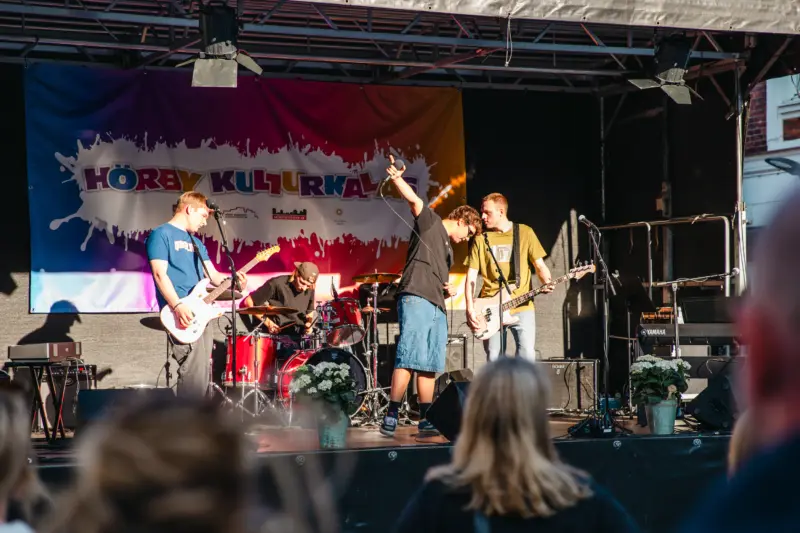 Fyra unga killar står på en scen. I förgrunden syns publiken. En av killarna sitter bakom ett trumset och trummar, en spelar bas och en spelar elgitarr. Den fjärde, sångaren, är mitt uppe i en rörelse och pekar energiskt upp i luften.