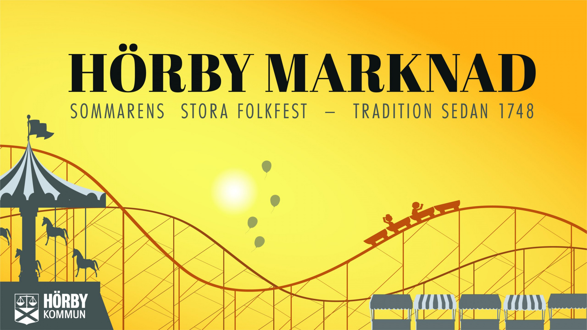 Illustration med berg- och dalbana, karusell och marknadsstånd.