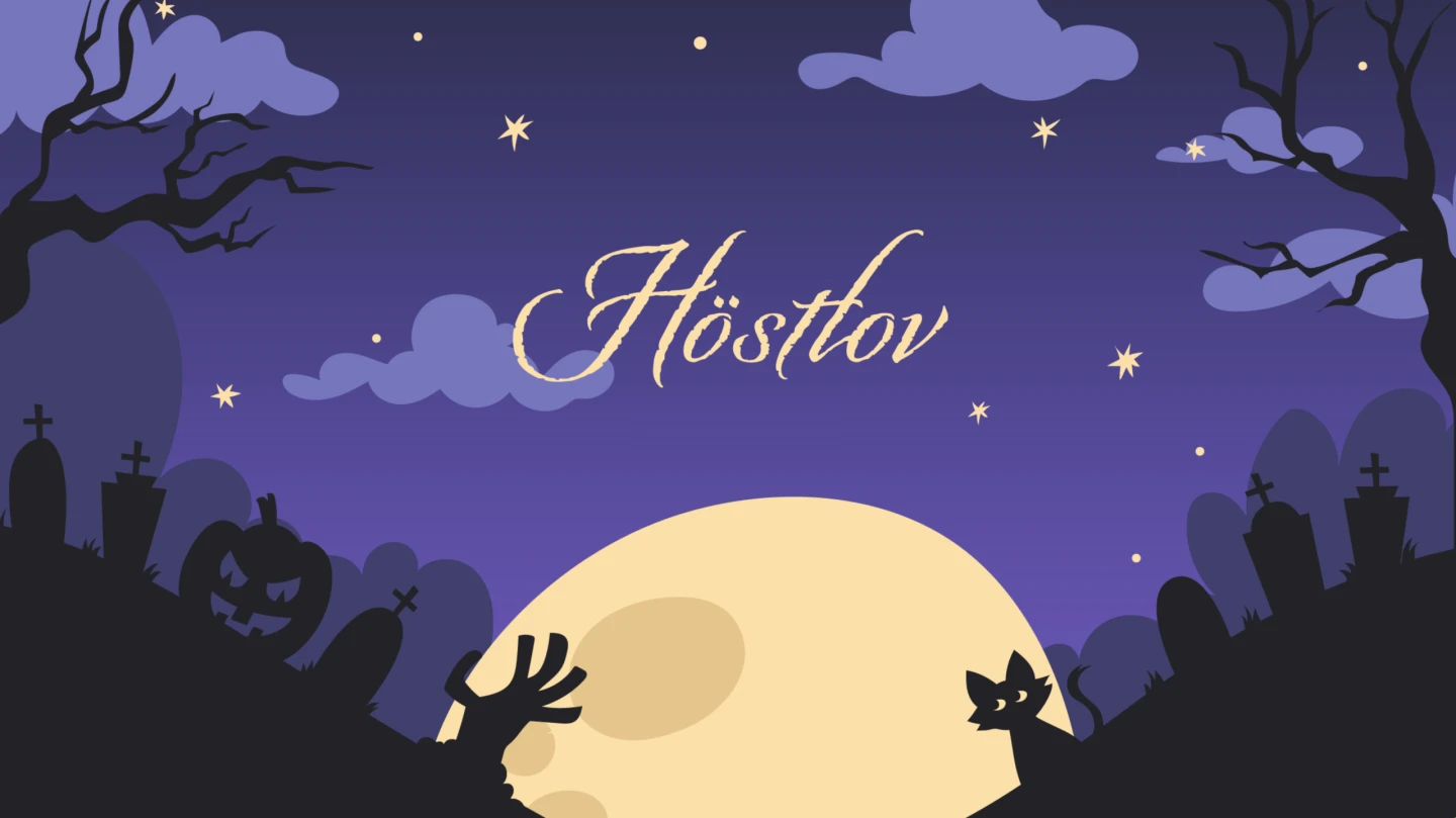 Det är natt och man ser en stor fullmåne, på bilden står det "Höstlov"