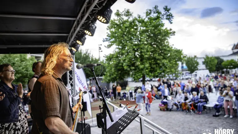 Sidoprofil på sångare står på scen i förgrunden med publik i bakgrunden