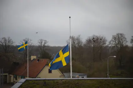 Svensk flagga vajar på halvstång i mulet väder.