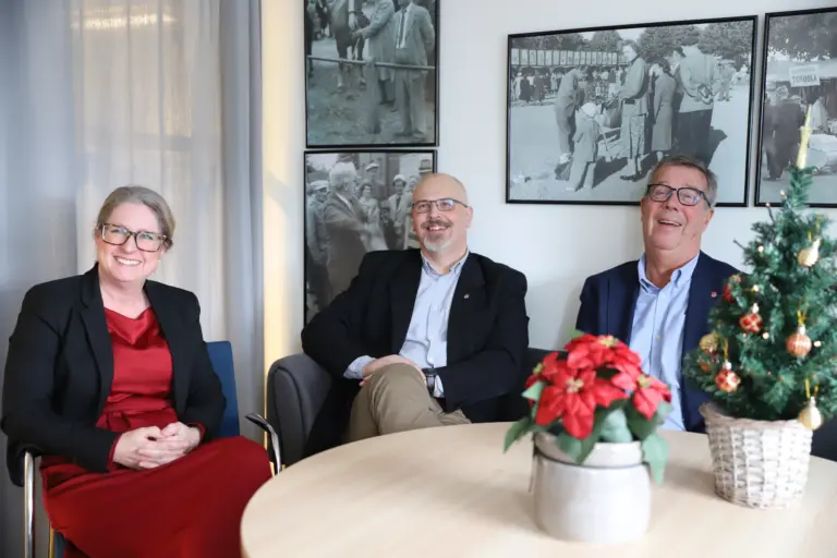 Madeleine Peyron, Anders Hansson och Lars-Göran Ritmer sitter runt ett bord och ler mot kameran
