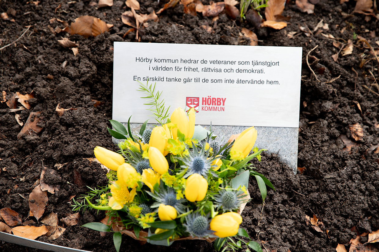 Veteranskylt med blommor i en rabatt