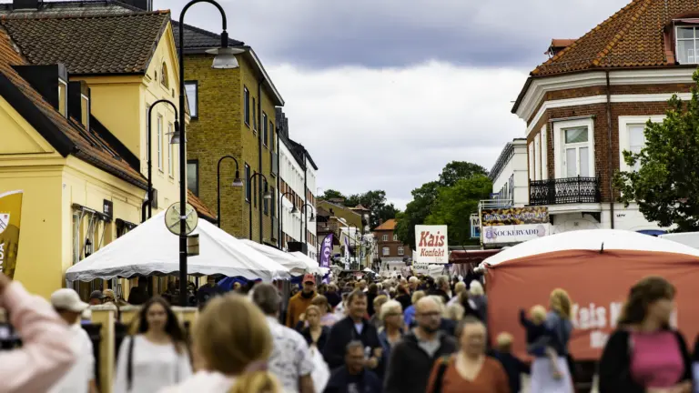 Bild från folkvimmel under marknaden, med marknadsstånd på båda sidorna, från gamla torg