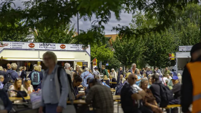Serveringsområdet, folk sitter och äter vid långbord utomhus i solen, annan vinkel