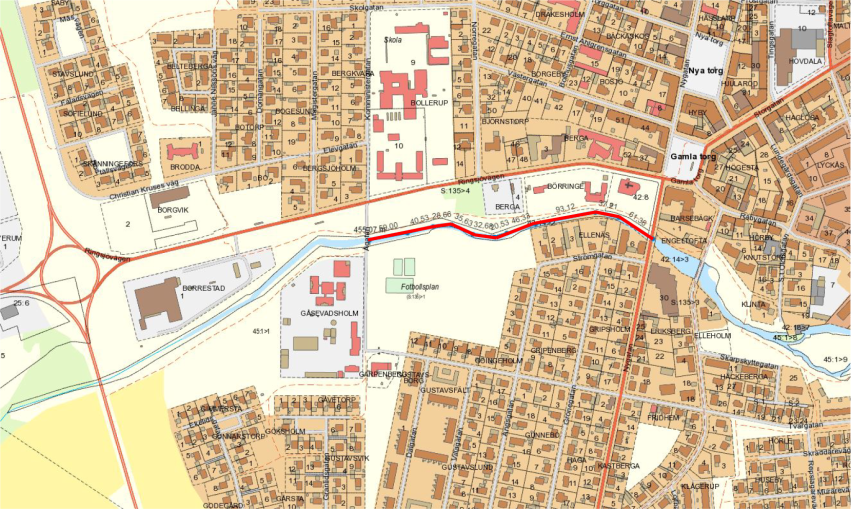 karta över centrala Hörby med markering vid hörbyån