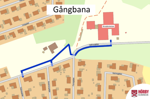 Karta över ett område där vissa gator är blåmarkerade.