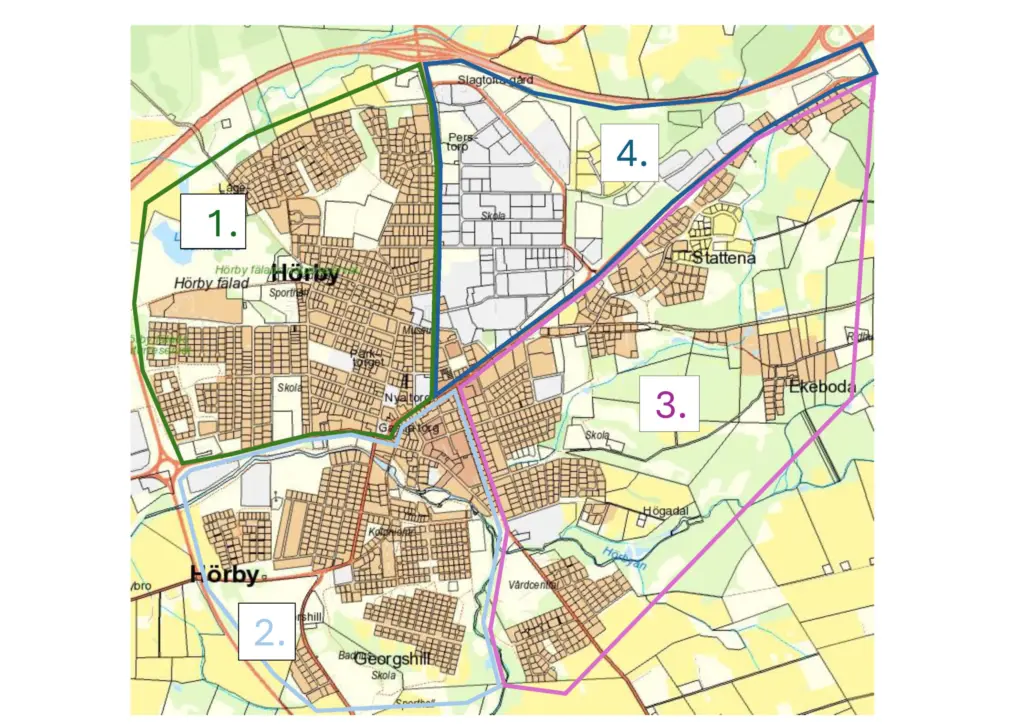 Karta över kommunen med markerade områden. Område 1 (nordväst), område 2 (sydväst), område 3 (nordöst) och område 4 (sydöst).