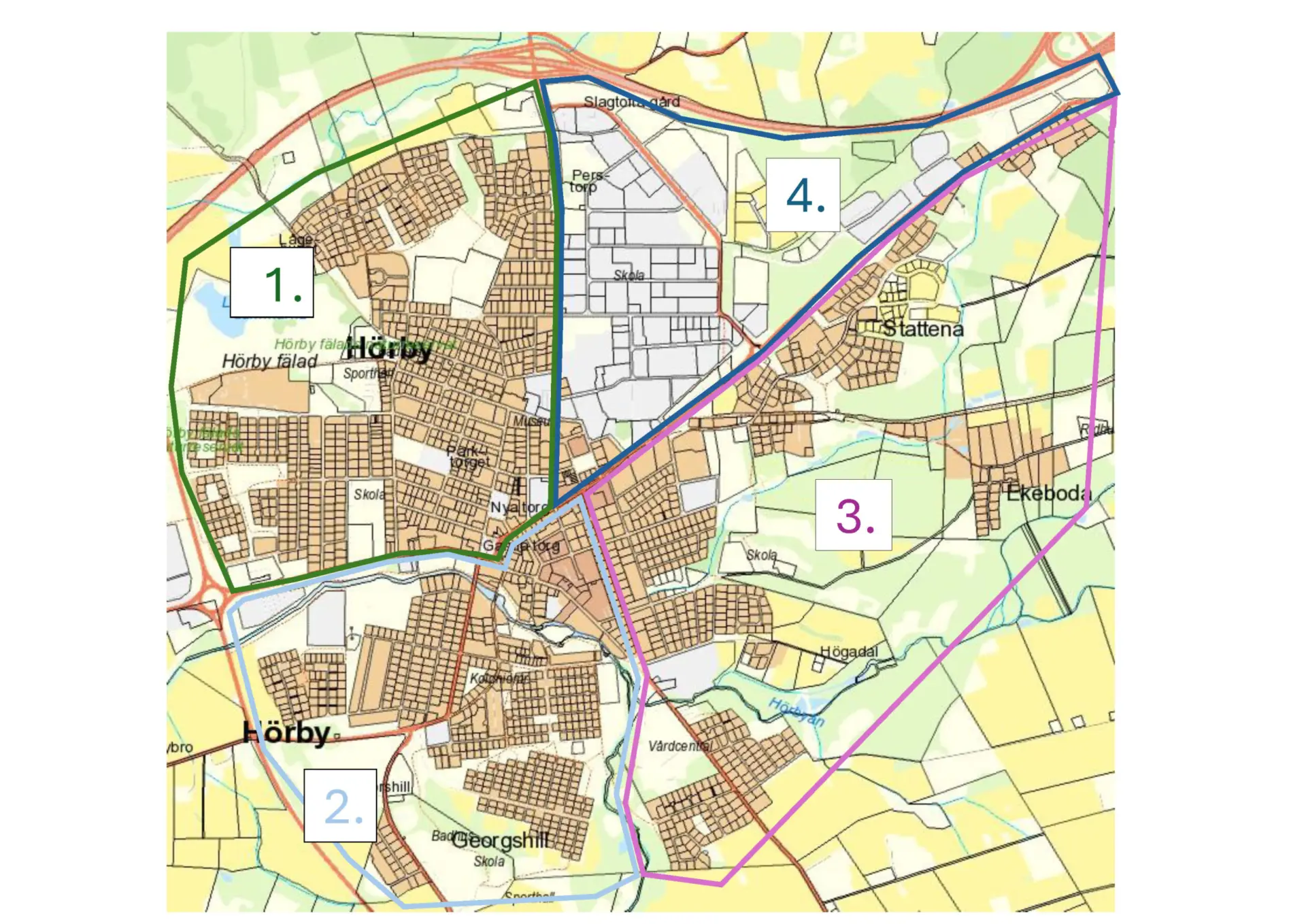 Karta över kommunen med markerade områden. Område 1 (nordväst), område 2 (sydväst), område 3 (nordöst) och område 4 (sydöst).