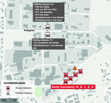 Karta över Hörby centrum som visar var på Parkgatan de tillfälliga hållplatserna blir.