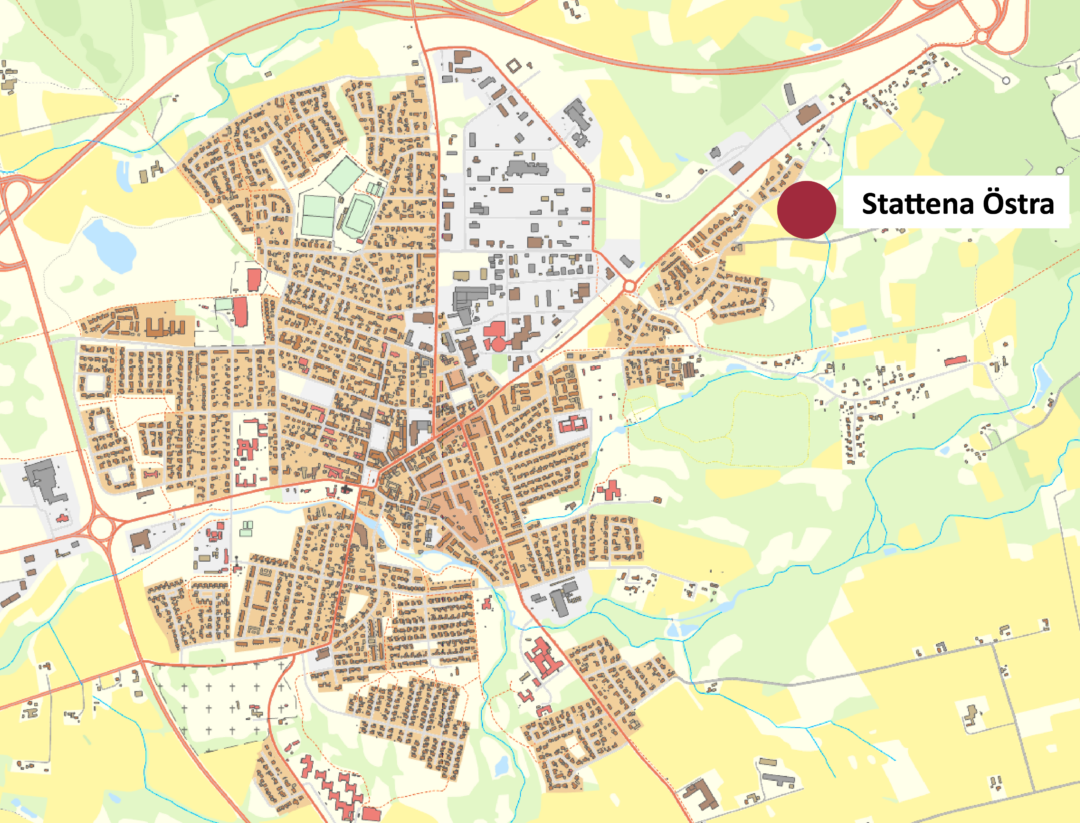 Karta över Hörby kommun, en pick i nordöst markerar platsen för Stattena Östra