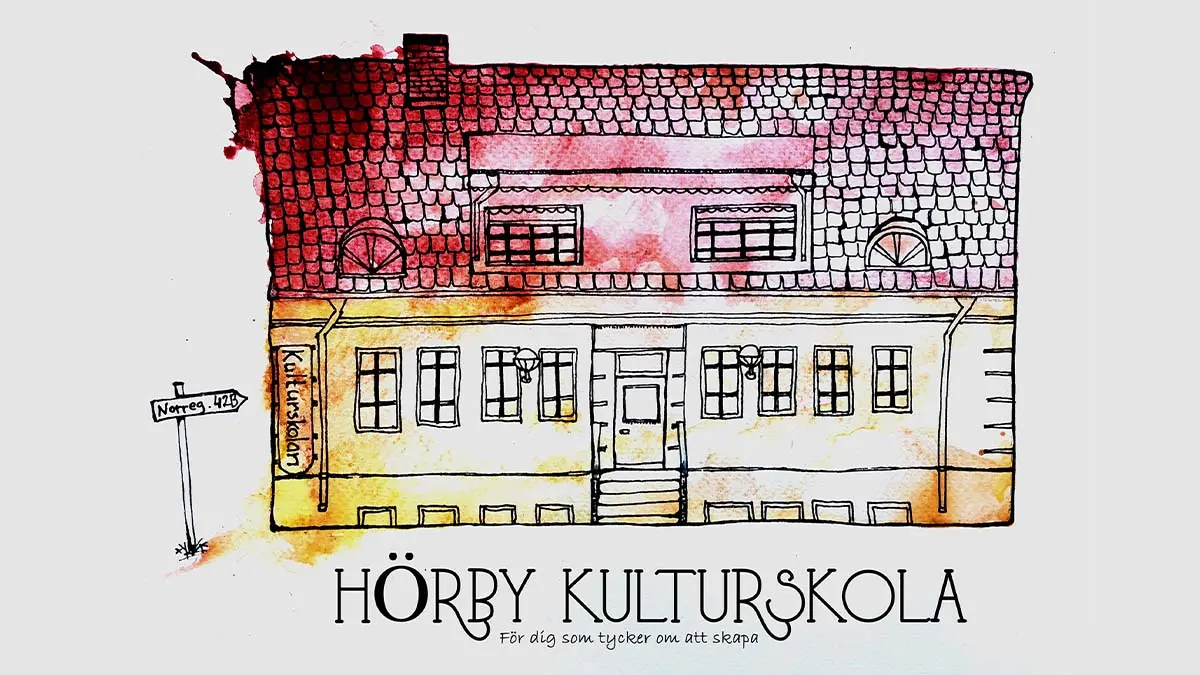 Illustration hus. Text Hörby kulturskola