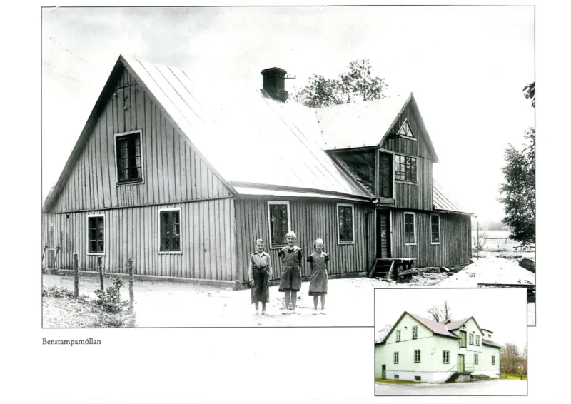 Den svartvita bilden visar kvarnbyggnaden på 1920-talet. Kvarnen var i den högra delen, till vänster låg bostaden. Ingvar står med sina systrar framför huset. I den infällda bilden syns huset som det såg ut efter att en högre grund lagts till.
