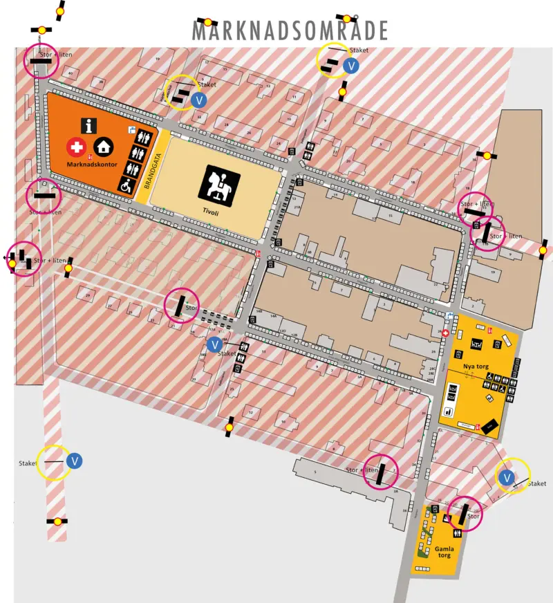Karta över marknadsområdet med avspärrningar för trafik.