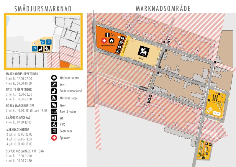 Karta med marknadsområde under Hörby marknad med markeringar för avspärrningar