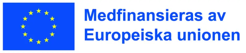 Blå flagga med cirkel av gula stjärnor. Text medfinansieras av Europeiska unionen