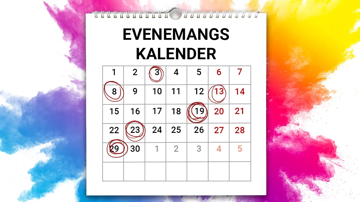 En väggalmanacka med färgglad bakgrund och inringade datum.