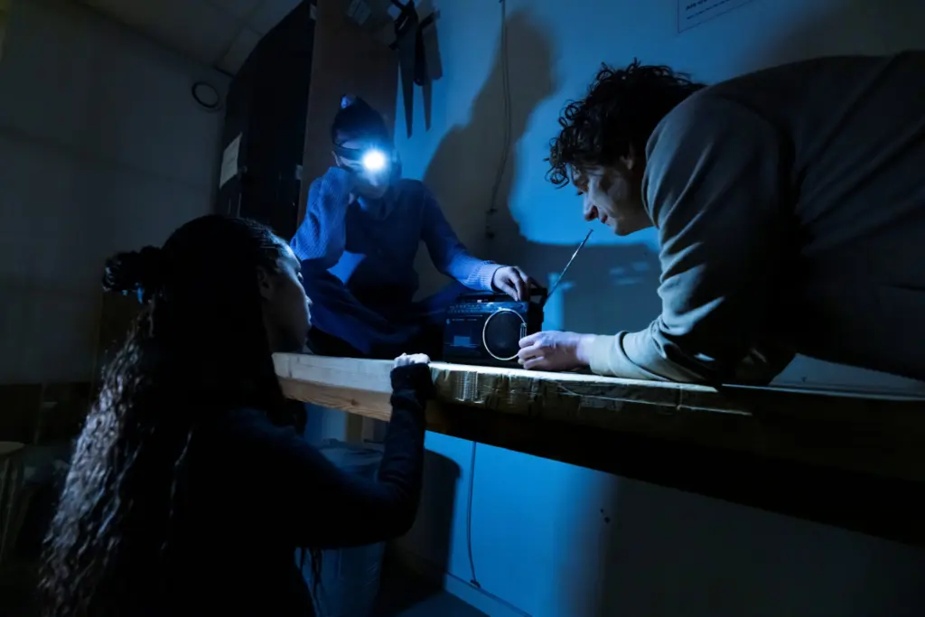 personer i mörkt rum lyser med ficklampa och tittar på en analog radio.