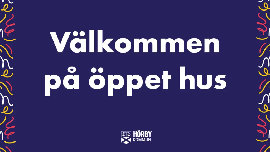 Blå bakgrund med texten välkommen på öppet hus